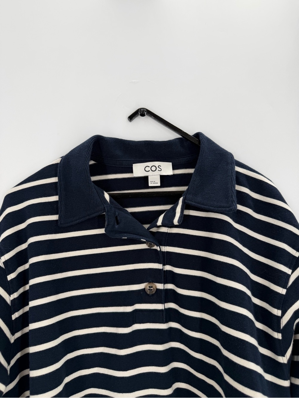 Cos Long Sleeved Polo Striped Half Button Placket Collared Shirt In Navy